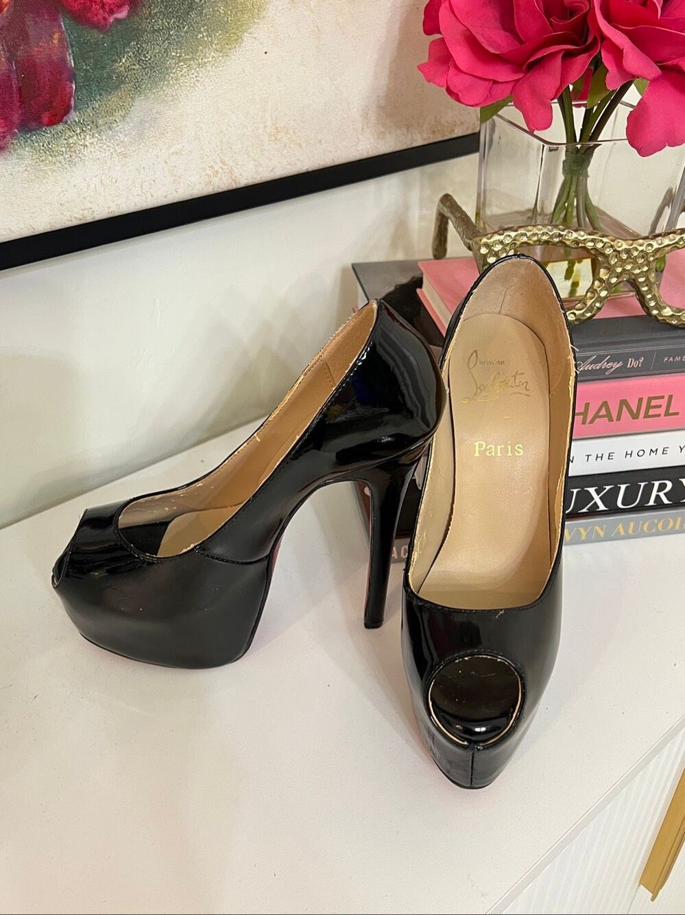 Christian Louboutin Women's Patent Leather Peep-Toe Platform Pumps Black Size 36